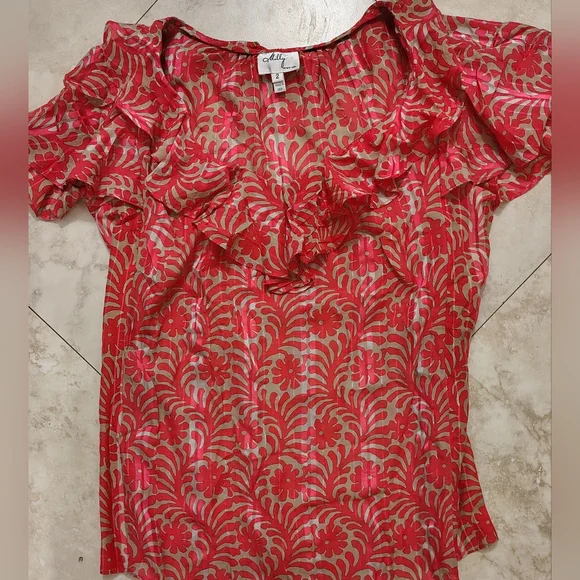 NWOT Milly Coral Red & Tan Leafy Abstract Floral Ruffle Blouse Silk Top M - Picture 10 of 10